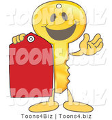 Vector Illustration of a Gold Cartoon Key Mascot Holding a Blank Red Tag by Mascot Junction
