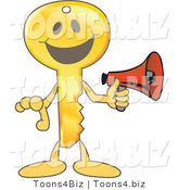 Vector Illustration of a Gold Cartoon Key Mascot Holding a Megaphone by Toons4Biz