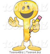 Vector Illustration of a Gold Cartoon Key Mascot Holding a Pencil by Toons4Biz