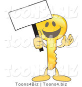 Vector Illustration of a Gold Cartoon Key Mascot Holding up a Blank Sign by Mascot Junction