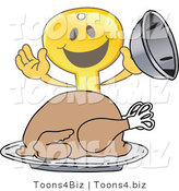 Vector Illustration of a Gold Cartoon Key Mascot Serving a Thanksgiving Turkey by Mascot Junction