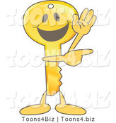 Vector Illustration of a Gold Cartoon Key Mascot Waving and Pointing by Mascot Junction