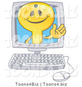 Vector Illustration of a Gold Cartoon Key Mascot Waving in a Computer Screen by Mascot Junction