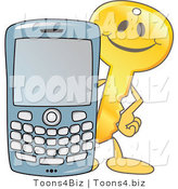 Vector Illustration of a Gold Cartoon Key Mascot with a Cell Phone by Mascot Junction