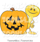 Vector Illustration of a Gold Cartoon Key Mascot with a Halloween Pumpkin by Mascot Junction