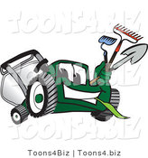 Vector Illustration of a Green Cartoon Lawn Mower Mascot Carrying Garden Tools by Mascot Junction