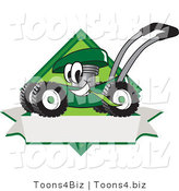 Vector Illustration of a Green Cartoon Lawn Mower Mascot Chewing Grass on a Blank Ribbon Label by Mascot Junction