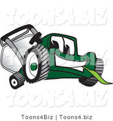Vector Illustration of a Green Cartoon Lawn Mower Mascot Facing Front and Eating Grass by Toons4Biz