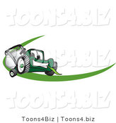 Vector Illustration of a Green Cartoon Lawn Mower Mascot Facing Front on a Logo or Nametag with a Green Dash by Mascot Junction