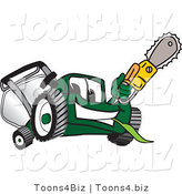 Vector Illustration of a Green Cartoon Lawn Mower Mascot Holding up a Saw by Mascot Junction