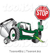 Vector Illustration of a Green Cartoon Lawn Mower Mascot Holding up a Stop Sign by Toons4Biz