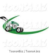Vector Illustration of a Green Cartoon Lawn Mower Mascot on a Logo or Nametag with a Green Dash by Mascot Junction