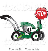 Vector Illustration of a Green Cartoon Lawn Mower Mascot Passing by and Holding a Stop Sign by Mascot Junction