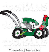 Vector Illustration of a Green Cartoon Lawn Mower Mascot Passing by and Holding out a Red Telephone by Toons4Biz