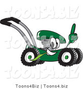 Vector Illustration of a Green Cartoon Lawn Mower Mascot Passing by and Pointing Upwards by Toons4Biz
