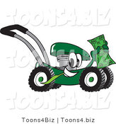 Vector Illustration of a Green Cartoon Lawn Mower Mascot Passing by and Waving a Dollar Bill by Mascot Junction