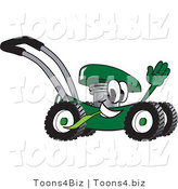 Vector Illustration of a Green Cartoon Lawn Mower Mascot Passing by and Waving by Toons4Biz