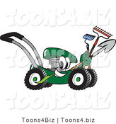 Vector Illustration of a Green Cartoon Lawn Mower Mascot Passing by While Carrying Garden Tools by Mascot Junction
