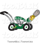 Vector Illustration of a Green Cartoon Lawn Mower Mascot Passing by with a Saw by Mascot Junction