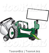 Vector Illustration of a Green Cartoon Lawn Mower Mascot Waving a Blank Sign by Mascot Junction