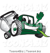 Vector Illustration of a Green Cartoon Lawn Mower Mascot Waving Hello by Mascot Junction