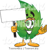 Vector Illustration of a Green Leaf Mascot Holding a Blank White Sign by Mascot Junction