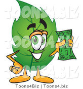 Vector Illustration of a Green Leaf Mascot Holding a Dollar Bill by Mascot Junction