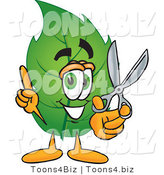 Vector Illustration of a Green Leaf Mascot Holding a Pair of Scissors by Mascot Junction