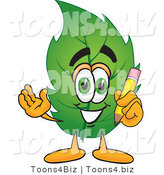 Vector Illustration of a Green Leaf Mascot Holding a Pencil by Mascot Junction