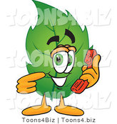 Vector Illustration of a Green Leaf Mascot Holding a Telephone by Mascot Junction
