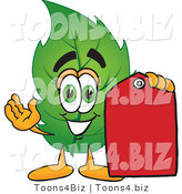 Vector Illustration of a Green Leaf Mascot Red Clearance Sales Price Tag by Mascot Junction