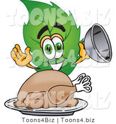 Vector Illustration of a Green Leaf Mascot Serving a Thanksgiving Turkey on a Platter by Mascot Junction