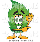Vector Illustration of a Green Leaf Mascot Waving and Pointing by Mascot Junction