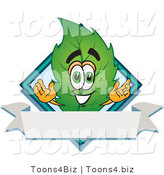 Vector Illustration of a Green Leaf Mascot with a Diamond and Blank Ribbon Label by Mascot Junction