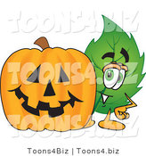 Vector Illustration of a Green Leaf Mascot with a Halloween Pumpkin by Toons4Biz
