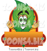 Vector Illustration of a Green Leaf Mascot with a Red and Orange Label by Mascot Junction