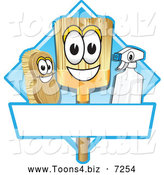 Vector Illustration of a Happy Broom Scrub Brush and Spray Bottle Mascot Characters on a Blue Cleaning Sign or Logo by Mascot Junction
