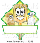 Vector Illustration of a Happy Broom Scrub Brush and Spray Bottle Mascot Characters on a Yellow Cleaning Sign or Logo by Mascot Junction