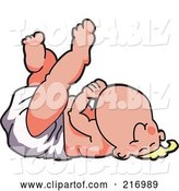 Vector Illustration of a Happy Cartoon Baby Blond Boy Mascot in a Diaper, Resting on His Back by Toons4Biz
