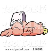 Vector Illustration of a Happy Cartoon Baby Blond Boy Mascot in a Diaper, Sucking His Thumb and Laying down by Toons4Biz