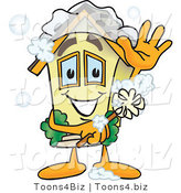 Vector Illustration of a Happy Cartoon Home Mascot Getting Washed and Cleaned by Mascot Junction