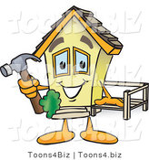 Vector Illustration of a Happy Cartoon Home Mascot Holding Hammer While Building a Deck by Mascot Junction
