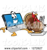 Vector Illustration of a Happy Cartoon PC Computer Mascot Behind a Shocked Thanksgiving Turkey Bird on a Weight Scale by Mascot Junction