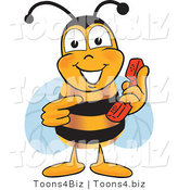 Vector Illustration of a Honey Bee Mascot Holding and Pointing to a Telephone by Mascot Junction