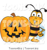Vector Illustration of a Honey Bee Mascot with a Carved Halloween Pumpkin by Mascot Junction