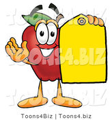 Vector Illustration of a Red Apple Mascot Holding a Blank Yellow Price Tag for a Sale by Mascot Junction