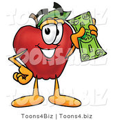 Vector Illustration of a Red Apple Mascot Holding a Green Dollar Bill, Paying or Saving by Mascot Junction