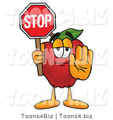 Vector Illustration of a Red Apple Mascot Holding a Red Stop Sign by Mascot Junction