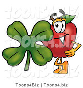 Vector Illustration of a Red Apple Mascot with a Green Four Leaf Clover on St Paddy's or St Patricks Day by Mascot Junction