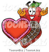 Vector Illustration of a Red Apple Mascot with an Open Box of Valentines Day Chocolate Candies by Mascot Junction